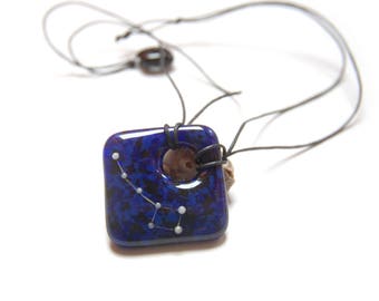 Cosmos necklace, Little Dipper on deep blue/black base, phosphorescent constellation fused glass necklace, metal free hypoallergenic jewelry