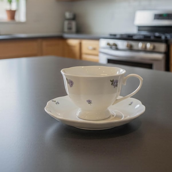 Floral Pattern Tea Cup With Saucer, Elegant Coffee Mug For Home, Handmade Ceramic Cup