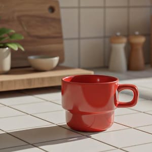 Puede incluir: Una taza de cerámica roja vibrante con asa se encuentra sobre una superficie de baldosas blancas. La taza tiene un diseño apilado. En el fondo, una tabla de cortar de madera, una pequeña planta y utensilios de madera son visibles, sugiriendo un ambiente de cocina.