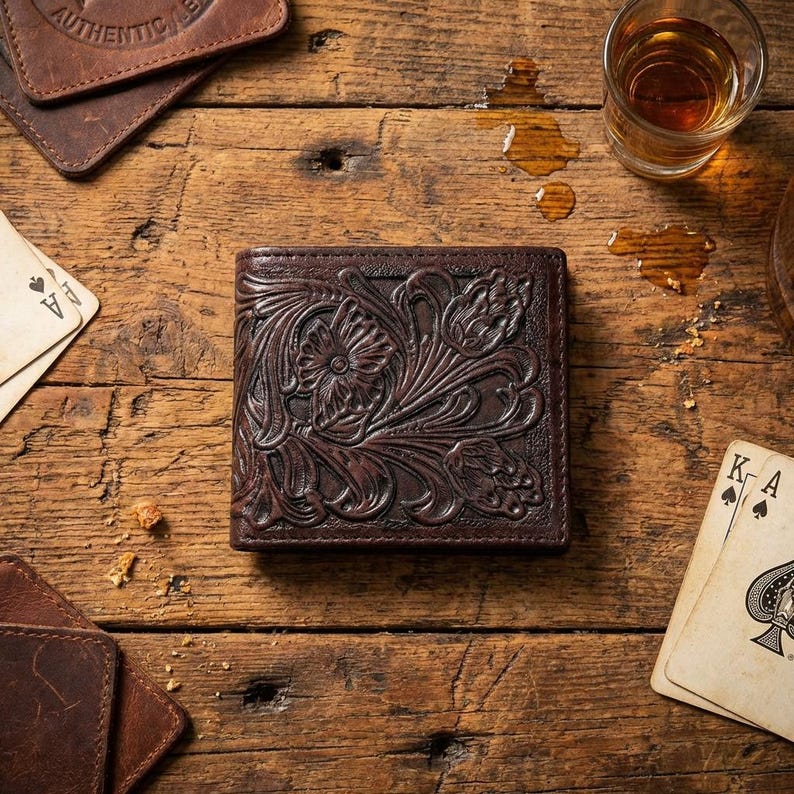 Dust and Hide Western Leather Wallet Men, Laser Cut Floral Bifold ...