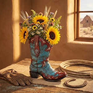 May include: A turquoise and red cowboy boot vase filled with sunflowers and wildflowers. A horseshoe, rope, and leather gloves are on a wooden table. A barn is visible through a window in the background.