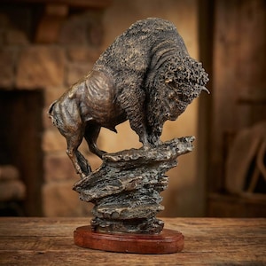 Puede incluir: Escultura de bisonte de color bronce sobre una formación rocosa, montada sobre una base de madera. El bisonte está detallado con pelaje texturizado y una postura poderosa. La escultura se exhibe sobre una superficie de madera, con un fondo borroso.
