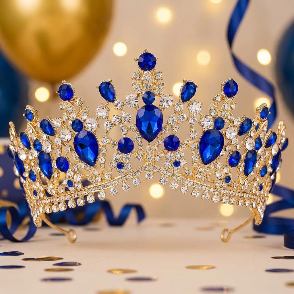 Gold Tiara with Blue Crystal Accents - Women\'s Accessory Amazon.com: Feltent Blue Queen Crown for Women Crystal Tiara  main image 2