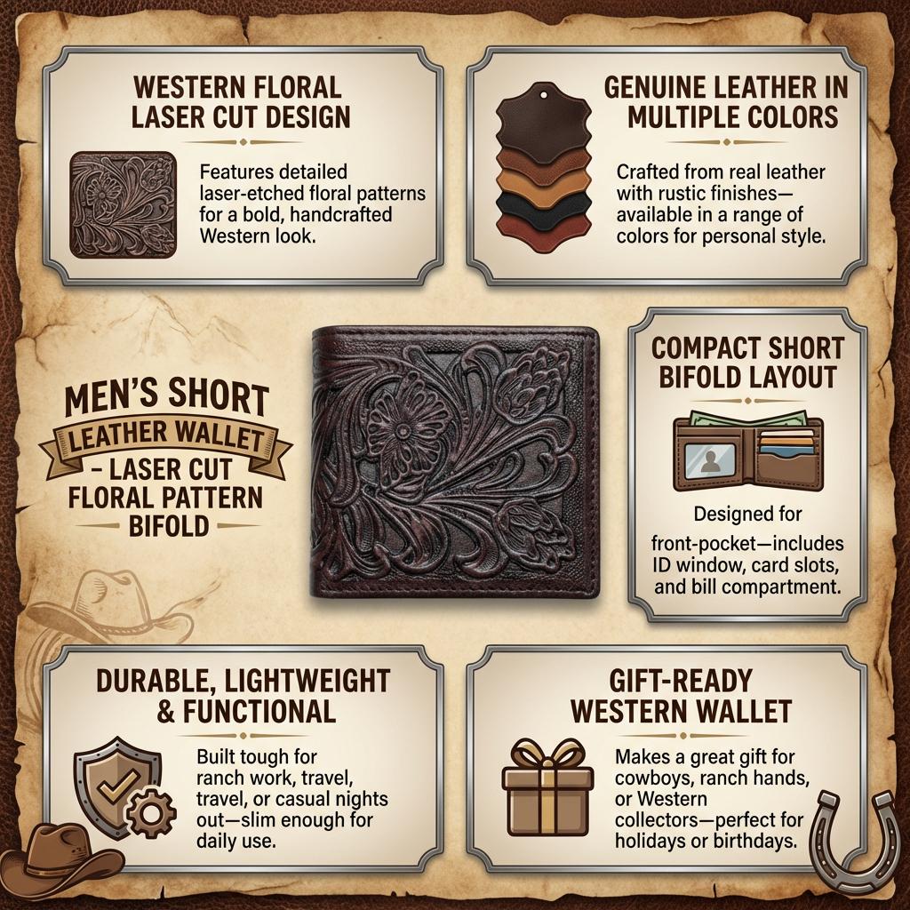 Dust and Hide Western Leather Wallet Men, Laser Cut Floral Bifold ...