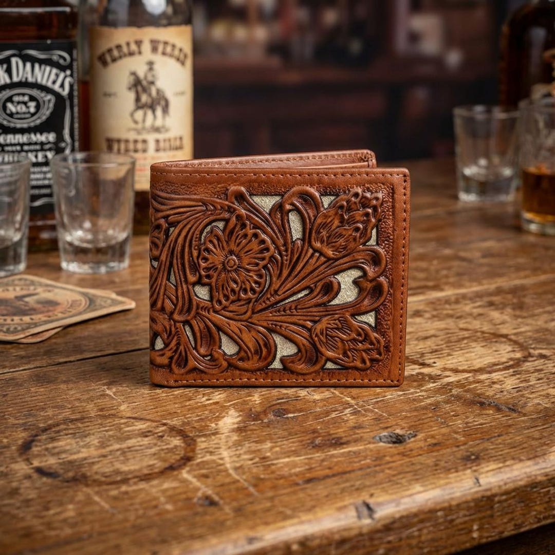 Dust and Hide Western Leather Wallet Men, Laser Cut Floral Bifold ...