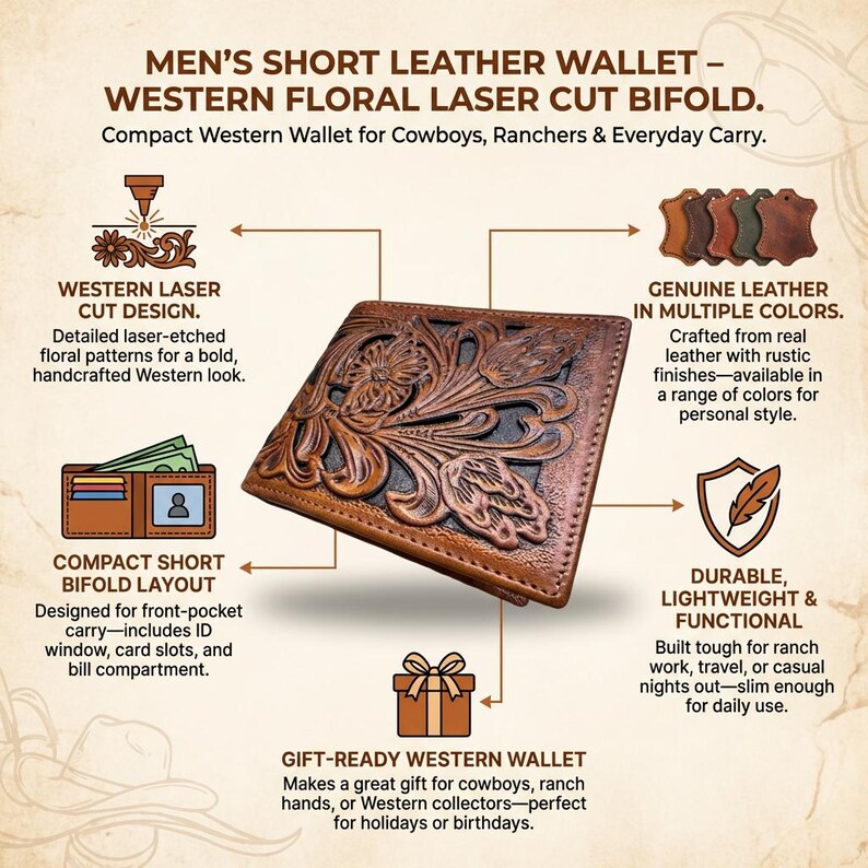 Dust and Hide Western Leather Wallet Men, Laser Cut Floral Bifold ...