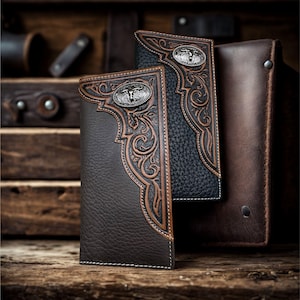 May include: Leather wallets with embossed detailing. The wallets are in shades of brown and black, with metal embellishments. Each wallet features a steer head emblem and scrollwork, creating a rustic, western style.