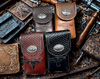 Dust and Hide Leather Phone Holster – Longhorn Embossed & Basketweave Tooled – Western Belt Clip Case with Longhorn Concho