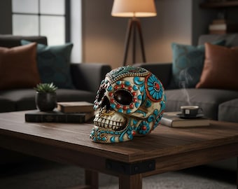 Day of the Dead Sugar Skull Decor – Gothic Floral Rose Skeleton Head Statue – Colorful Dia de los Muertos Figurine – Dust and Hide Skull Art
