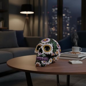 Pode incluir: Uma figura decorativa de caveira com um design floral. A caveira é preta com flores brancas e roxas, detalhes amarelos e uma boca roxa. Está sobre uma mesa castanha numa sala de estar.