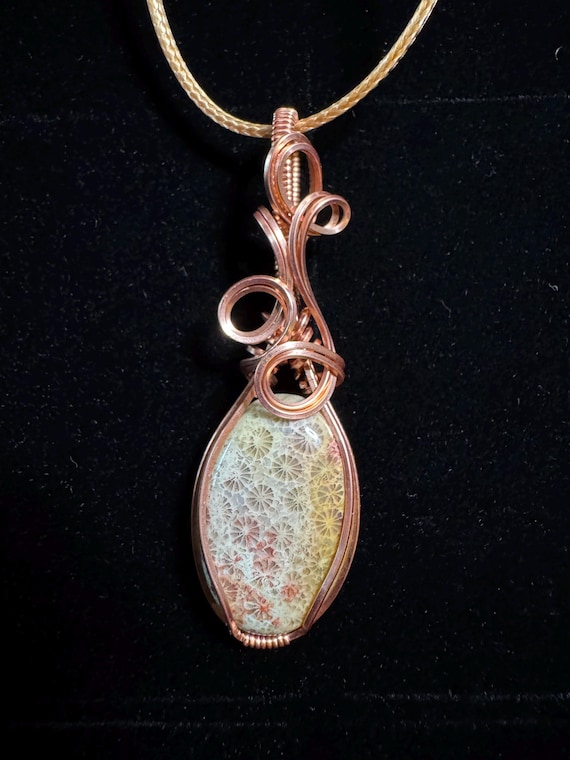 Fossil Coral Copper Wire Wrapped Pendant