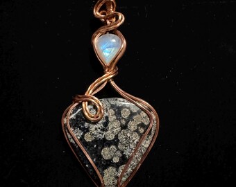 Fortified Stardust | Firework Obsidian and Moonstone | Handcrafted Copper Wire Wrapped Pendant