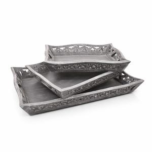 Set of 3 Wooden Serving Trays with Handles, Rustic Charcoal/Black Decorative Nesting Tray Set, Coffee Table Ottoman Kitchen Trays (3 Sizes)