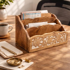 May include: A wooden desk organiser with three compartments, filled with papers. The organiser has a carved floral design on the front and is made of light brown wood. A notebook, pen, and small bowl are on the desk.