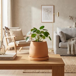 Könnte beinhalten: Eine Pilea peperomioides Pflanze mit runden, dunkelgrünen Blättern steht in einem glatten, matten terrakottafarbenen Keramiktopf mit passendem runden Untersetzer. Der Topf hat eine konische, abgerundete Form und steht auf einer Holzoberfläche.