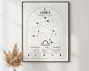 Weegschaal dierenriem kunst aan de muur afdrukbaar | Luchtteken minimale astrologische kunst | Weegschaal dierenriemcadeaus, sterrenbeeld, Weegschaal dierenriemprint