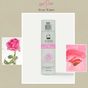 May include: A clear spray bottle of rose water with a silver pump and a pink label. The label reads "Pure Rose Water" and features a rose illustration. The image also includes a pink rose and the text "100% Pure Rose Water". The bottle contains 200ml / 6.8 fl oz.