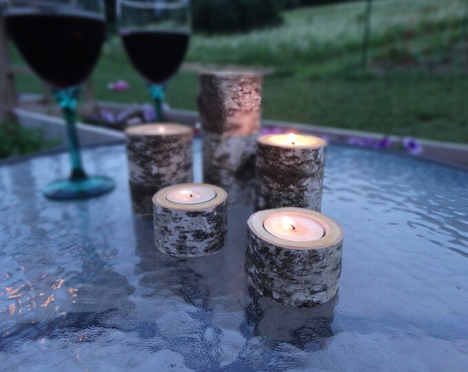 White Birch Tea Light Holders Set of 5 Wood Candleholders Etsy