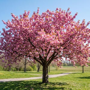 May include: A vibrant image of a flowering cherry blossom tree in full bloom. The tree's branches are laden with pink blossoms, set against a clear blue sky. The tree stands in a grassy park with a walking path.