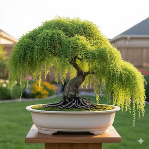 May include: A bonsai tree with cascading green foliage, planted in a white oval ceramic pot. The tree's trunk is gnarled and textured, with exposed roots. The bonsai sits on a wooden table, with a blurred background of a yard and house.