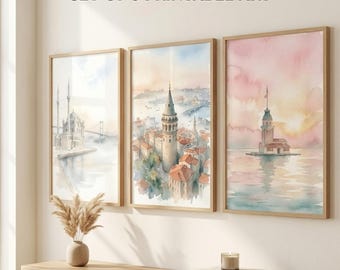 Istanbul Watercolor Wall Art Set of 3, Galata Maiden's Tower Ortakoy Mosque Digital Download