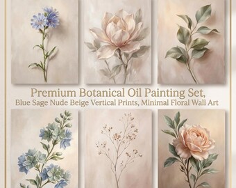Conjunto de pinturas al óleo botánicas, estampados verticales en azul salvia, nude y beige, arte mural floral minimalista.