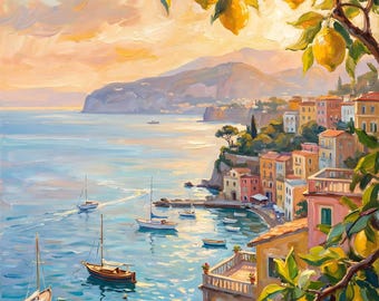 Cuadro de limones de Sorrento, pintura costera italiana, lámina de paisaje marino mediterráneo, decoración veraniega colorida