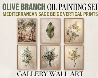 Conjunto de pinturas al óleo de ramas de olivo, láminas verticales en tonos verde salvia mediterráneo y beige, arte para pared de galería.