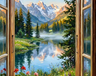 Arte mural con vista a la ventana de los Alpes suizos, lago de montaña imprimible, decoración de paisaje natural, descarga digital
