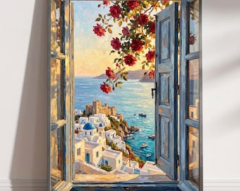 Mediterranean Window View Coastal Castle Digital Art | Greek Island Scene | Oil Painting Art