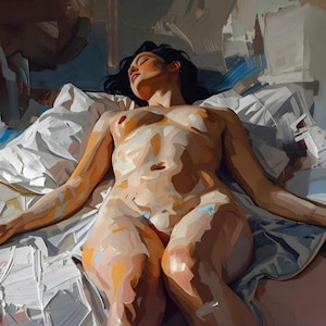 Könnte beinhalten: Ölgemälde einer nackten Figur, die auf einem Bett liegt. Die Figur hat dunkles Haar und liegt auf einem weißen Kissen und Laken. Das Kunstwerk verwendet eine Palette warmer und kühler Töne mit sichtbaren Pinselstrichen.