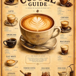 May include: An illustrated coffee guide featuring various coffee drinks like espresso, latte, and mocha. The guide includes recipes, measurements, and descriptions of each coffee type, with a vintage aesthetic.