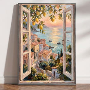 May include: A framed oil painting depicting an open window view of a coastal village at sunset. Yellow lemons hang from branches in the foreground, overlooking terracotta-roofed houses, a calm sea with small boats, and a soft, glowing horizon.