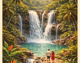 Bali Waterfall Travel Poster, Tropical Jungle Wall Art, Nature Print, Ubud Jungle Decor