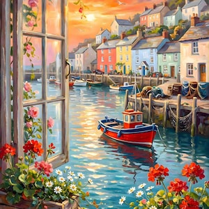 May include: A picturesque painting of a coastal village seen through an open window. A red and blue boat bobs in the harbour, with colourful houses lining the shore. The window is decorated with flowers, and the sky is ablaze with sunset hues.