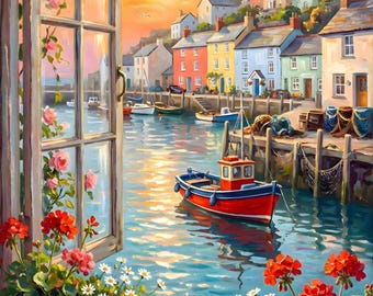 Impresión de pintura al óleo con vista a la ventana del puerto de Polperro, colorido pueblo costero de Cornualles, arte decorativo de pared