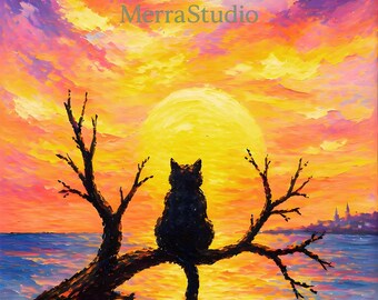 Lámina decorativa de gato negro al atardecer, pintura al óleo, atardecer en el océano para imprimir, descarga digital.