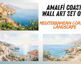 Juego de 3 cuadros de la costa de Amalfi, paisaje costero mediterráneo, Riviera italiana, descarga digital