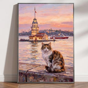 Arte imprimible de gato en la Torre de la Doncella | Estilo de pintura al óleo de Estambul | Decoración digital para descarga