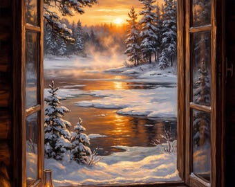 Arte de pared con vista a la ventana de una cabaña nevada, imprimible de un lago canadiense en invierno, decoración acogedora de montaña