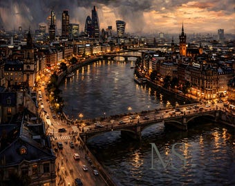 London Cityscape Oil Painting Thames River Night Wall Art Dark Academia Decor Rainy Skyline