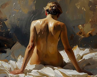 Arte mural figurativo al óleo, impresión de bellas artes contemporáneas, figura pictórica de espaldas (descarga digital)