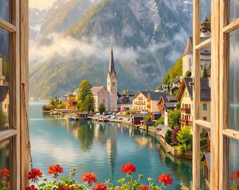Arte mural con vista a la ventana de Hallstatt, imprimible de un pueblo austriaco, paisaje de un lago alpino, decoración de viajes por Europa
