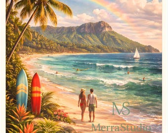 Hawaii Travel Poster, Tropical Wall Art, Vintage Island Print, Palm Tree Beach Decor (Digital)