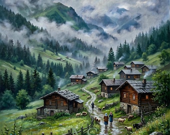 Mountain Village Oil Painting Misty Landscape Wall Art Rustic Cabin Decor Alpine Village Poster