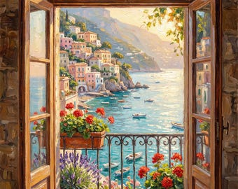 Arte mural con ventana de balcón de la costa de Amalfi, impresión mediterránea, pintura con vista al mar de Positano, descarga digital