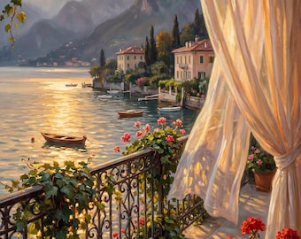 Arte mural con balcón del lago de Como, imprimible con vista a una villa italiana, decoración veraniega europea, pintura mediterránea