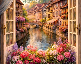 Colmar Window View Wall Art Printable, France Canal Print, Floral European Village (Digital Download)