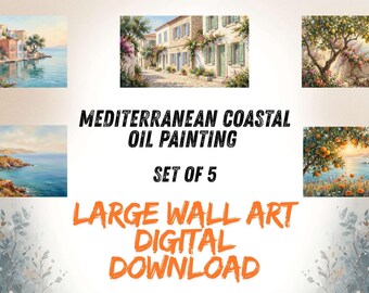 Conjunto de 5 pinturas al óleo de la costa mediterránea, arte mural grande (descarga digital)
