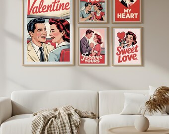 Juego de 5 impresiones de arte de pared retro de San Valentín, póster vintage, impresiones románticas de mediados de siglo, decoración imprimible